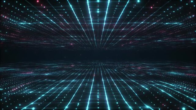 Flowing Data Streams Animation with Digital Grid and Glowing Particles in 4k