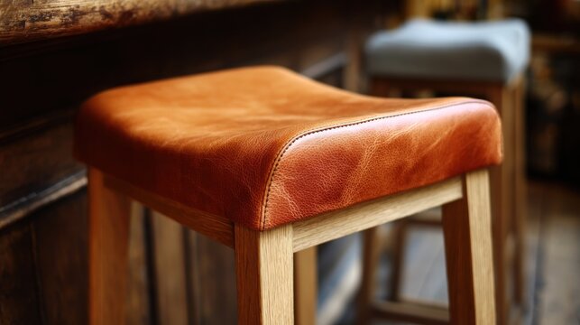 Handcrafted Leather Bar Stool with Wooden Frame Detail.