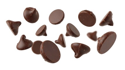 Scattered chocolate drops viewed from above on a plain surface