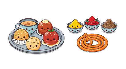 Obraz premium Colorful illustration of various food items presented on a tray and bowls