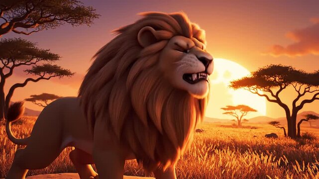 Majestic cartoon lion roaring with bravery, power and strength in the savanna