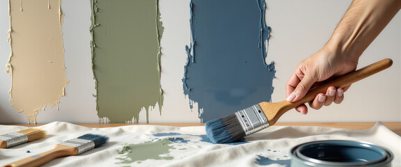 Hand holding paintbrush applying color samples on wall for DIY home renovation  