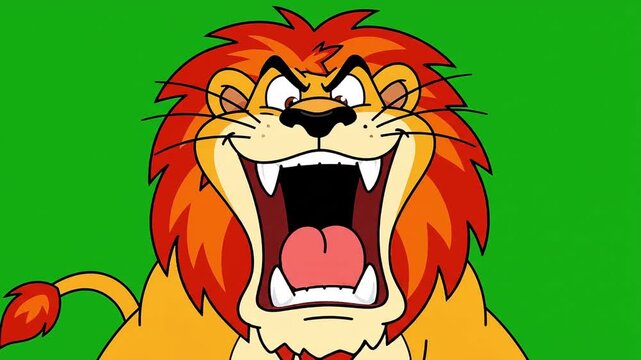A cartoon lion roaring loudly in green screen background, showcasing bravery and wild strength