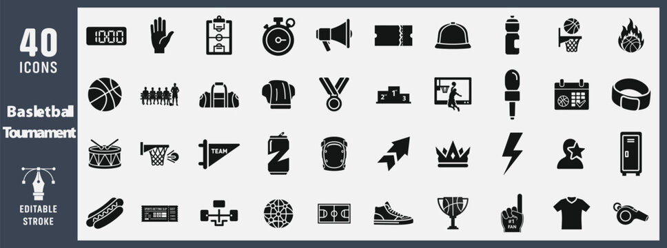 March Madness Basketball Tournament and Fan Icons Glyph Vector Collection