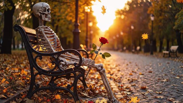 Skeleton waiting alone on bench with rose, showcasing endless waiting on love, loneliness with dark humor  satire concept