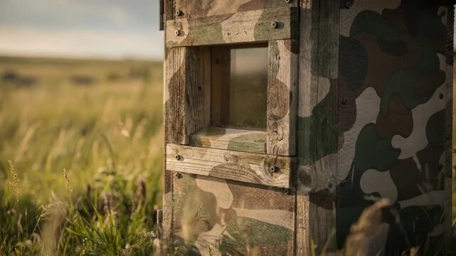 Wildlife blind in tall grassland with a distinct camo pattern on the hut focused on window frame details while the outoffocus meadow stretches into the distance.