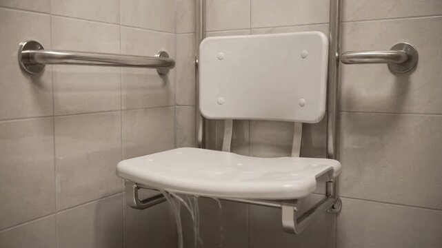 Medium shot of a shower seat supported by grab bars in an accessible bathroom with soft focus on tiled walls for added texture and depth.
