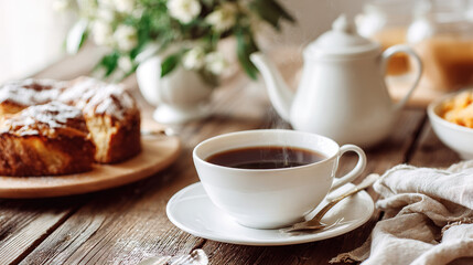 Hot beverage with pastry on wooden table
