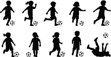 Obraz premium Children soccer player silhouette set with boys and girls playing football kicking ball running and dribbling for sports academy and youth athletics.