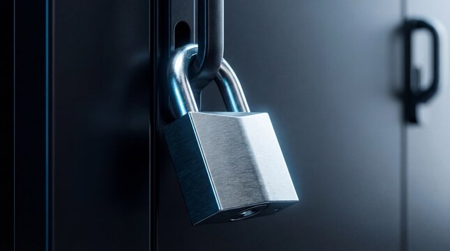 Padlock on server rack handle representing data security and privacy