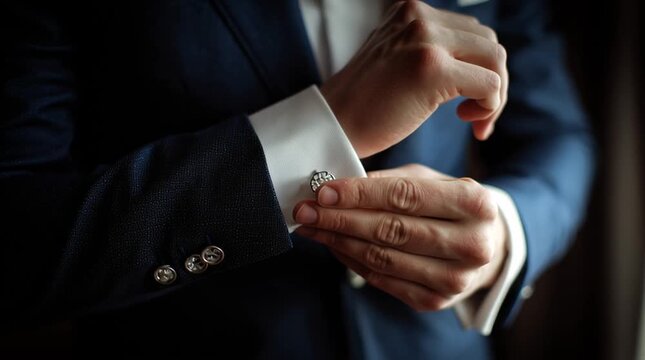 Close-up of groom adjusting cufflinks, shallow depth isolating refined hand detail, intimate pre-ceremony storytelling for luxury wedding and menswear campaigns.
