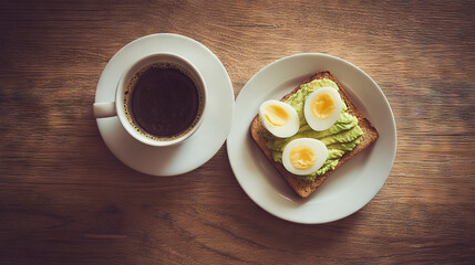 Coffee and Toast with Fried Egg on Wooden Table