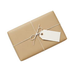 Brown paper gift wrap with tag, isolated on transparent background