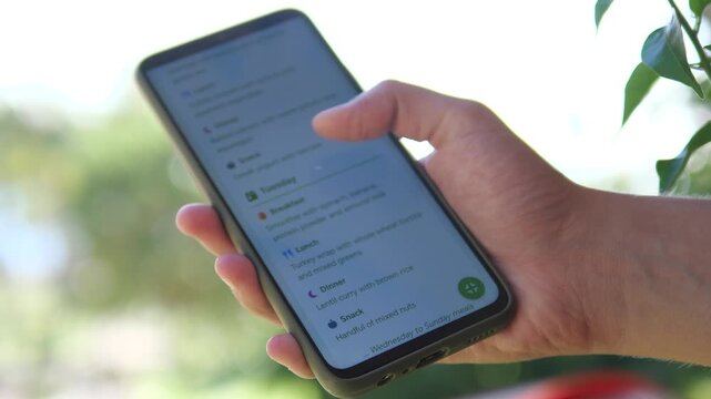 Close-up of a hand scrolling through a healthy meal plan on a smartphone app. Features daily diet schedules for breakfast, lunch, and dinner. Perfect for wellness, nutrition coaching, and weight loss