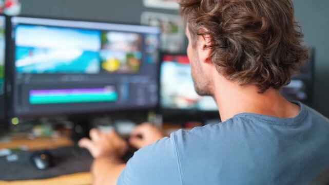 Medium shot of a man editing photos on a desktop before uploading to a private digital album emphasizing careful curation and privacy settings.