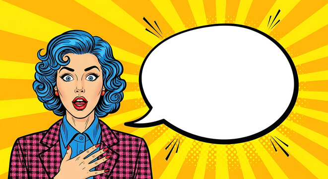 Surprised businesswoman with blue hair thinking speech bubble pop art vector illustration retro comic style yellow background