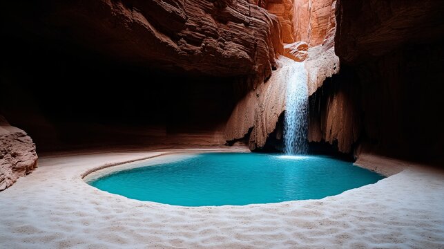 Blue turquoise water pool and waterfall in sandstone cave. Natural hidden grotto with clear blue pond. Wilderness exploration and nature discovery.