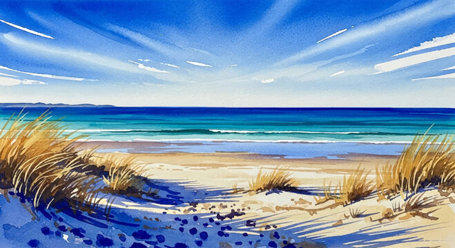 Beautiful watercolor painting of a sun-drenched beach with dunes and ocean waves under a clear blue sky, capturing the essence of a summer vacation