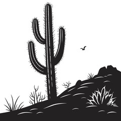 A solitary cactus stands tall on a desert hillside with a bird flying overhead © Bf