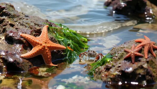Tidal Pool Scene with Starfish Crab and Tiny Fish on Sunny Day
