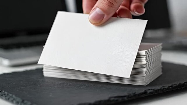Close-up of a hand picking up a blank textured white business card from a stack on a dark slate desk
