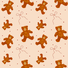 Cute seamless pattern with teddy bears and bows, featuring soft baby bear characters and decorative dots. Cozy Valentine’s Day design for kids textiles, paper, and backgrounds.  © Карина Кочнева