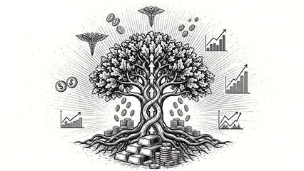 Oak tree with financial symbols and growth charts isolated on a transparent background