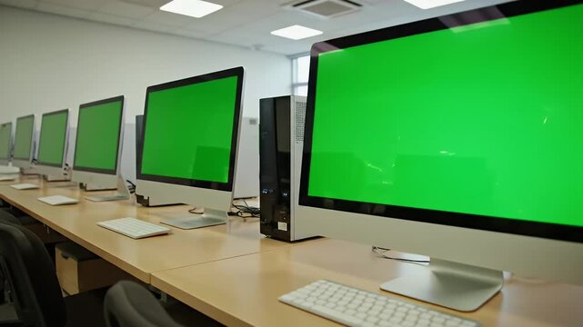 A computer lab with multiple monitors showing green screens, keyboards, and chairs