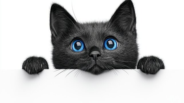 Playful Black Kitten with Bright Blue Eyes Peeking Over White Surface