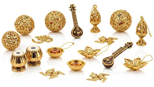 Assorted golden decorative items and musical instruments arranged on a clean white surface from a straightforward top-down viewpoint