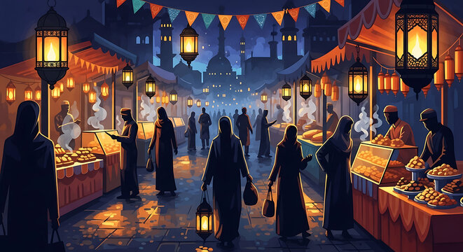 People shopping at a nighttime Middle Eastern market with lanterns and food stalls transparent background