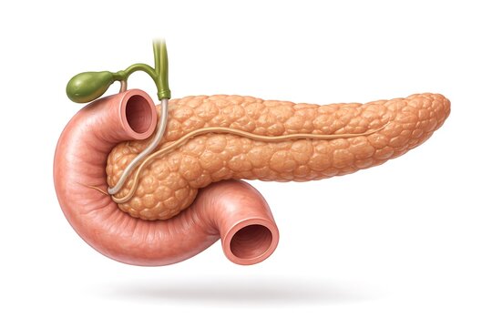 Anatomical Illustration of Human Pancreas with Duodenum, Gallbladder, and Bile Ducts &ndash; Medical 3D Rendering