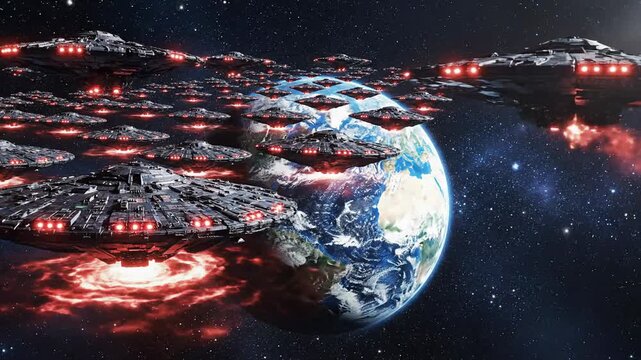 Alien invasion fleet descends on Earth, UFO armada surrounding planet in space
