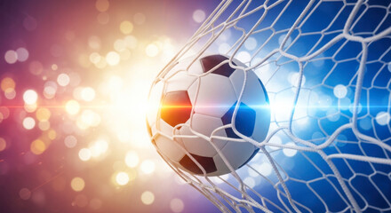 A soccer ball is suspended within the netting of a goal illuminated by bright lights