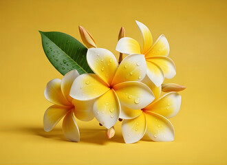 Fototapeta premium Beautiful white and yellow plumeria flowers with green leaves on yellow background