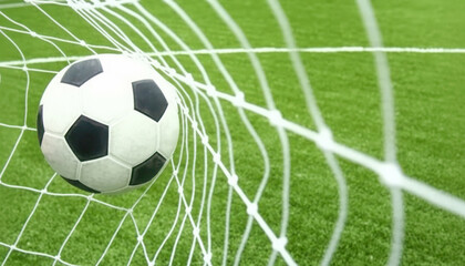 A classic black and white soccer ball is pictured partially inside a green soccer net
