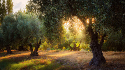 Obraz premium Golden Sunlight Filtering Through Olive Trees