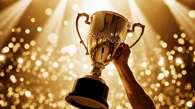 A triumphant person holding a shining trophy cup in a celebratory video with confetti and spotlight