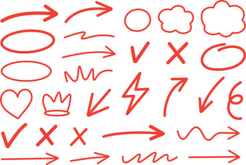Hand drawn red doodle arrows and sketch shapes collection, playful marker icons for notes, highlights, annotations, and infographic design