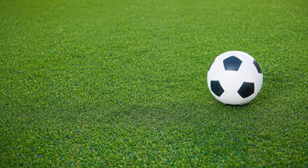 A classic black and white soccer ball rests on a vividly green well maintained grass field