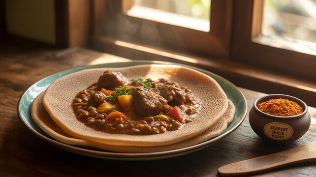 Traditional Ethiopian tibs dish with injera bread and berbere spice on wooden table