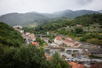 Fototapeta premium partial view of Pontremoli city and the Magra river, Province of Massa and Carrara, Toscana, Italy