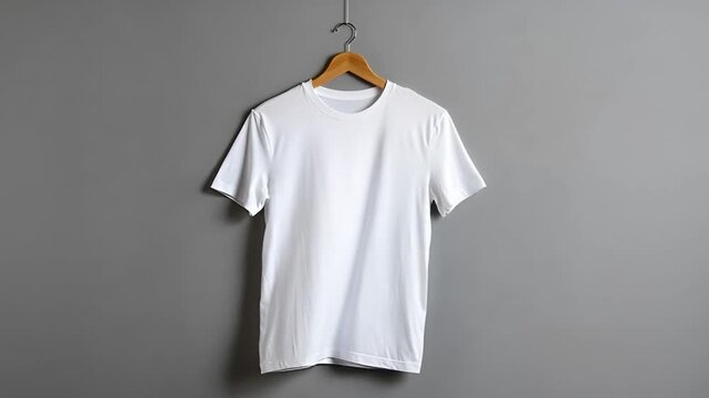 Blank white cotton t-shirt mockup on wooden hanger against solid grey wall background