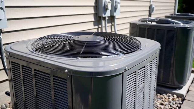 Close up view of a modern grey HVAC air conditioner unit installed next to a house with spinning fan blades on a sunny day