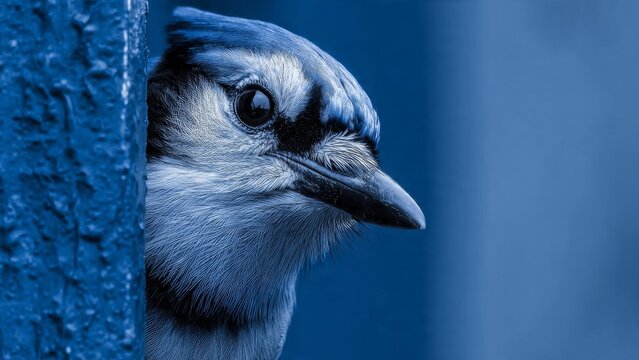 Blue Jay Peeking Curiously from Wooden Post, Intense Gaze

