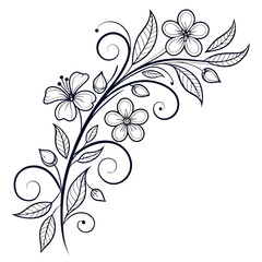 Intricate black and white floral design with swirling vines and delicate flowers