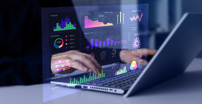 Dashboard. Businessman and data analyst using AI analytics KPI dashboard and business intelligence metrics for data-driven decision making.
