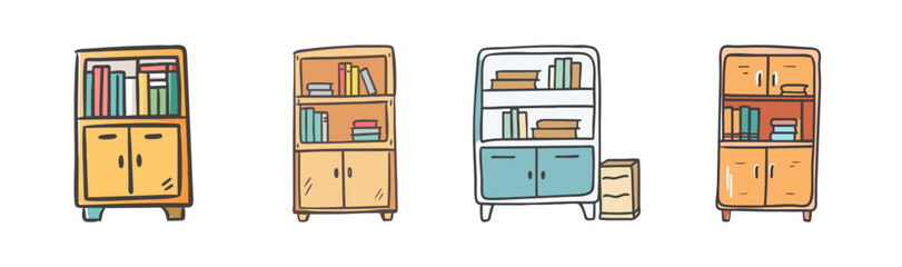 Four cartoon bookshelves with cabinets and drawers filled with books © SulaimanIslam