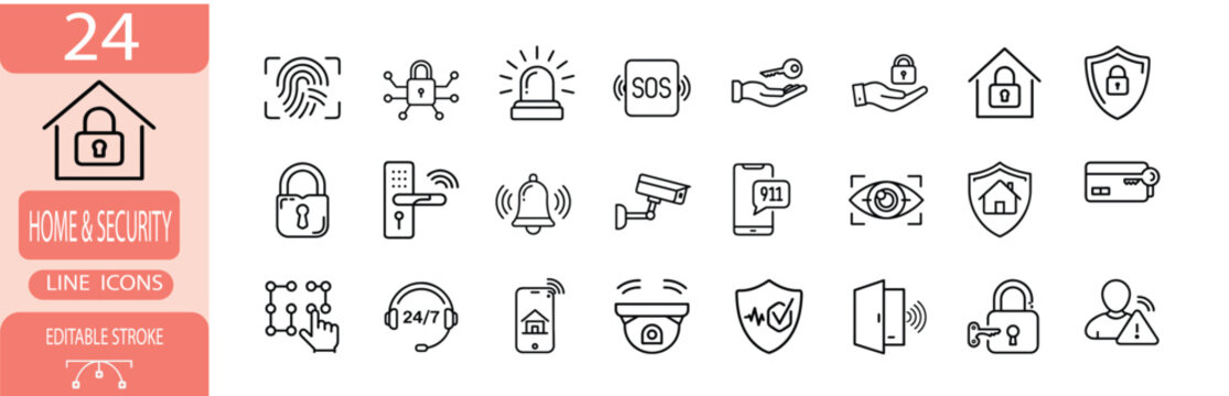 Smart home safety and surveillance outline icon set, digital security monitoring and access control symbol, electronic alarm system vector illustration with editable stroke.