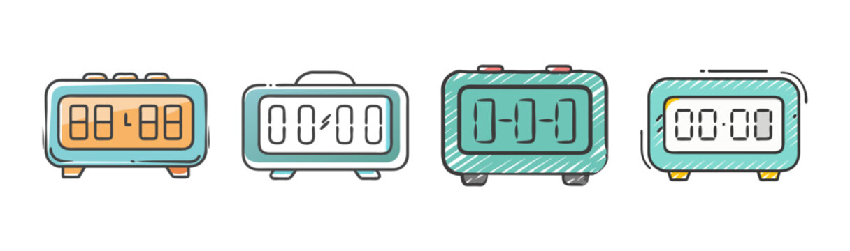 Set of four cartoon digital alarm clocks with different displays